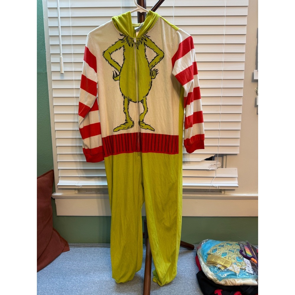 Dr Seuss The Grinch Hooded Union Suit Kids L 10/12 Pajamas Sleeper Christmas